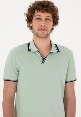 Erkek Slim Fit Kaçık Yaka Su Yeşili Tişört - 50306872027