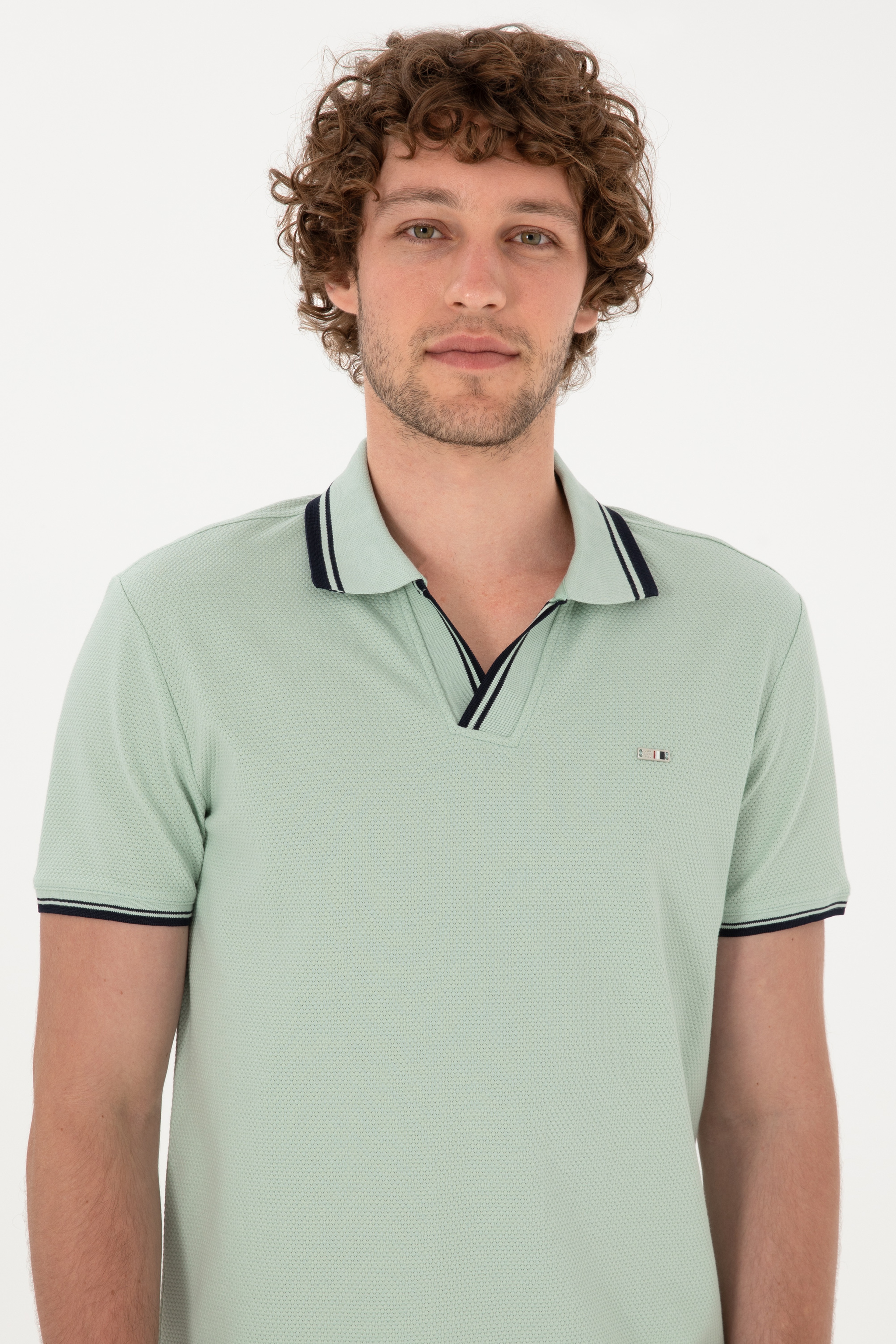 Erkek Slim Fit Kaçık Yaka Su Yeşili Tişört - Image 2