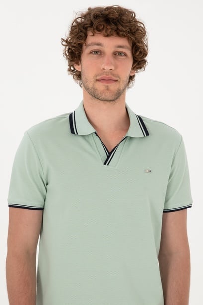 Erkek Slim Fit Kaçık Yaka Su Yeşili Tişört