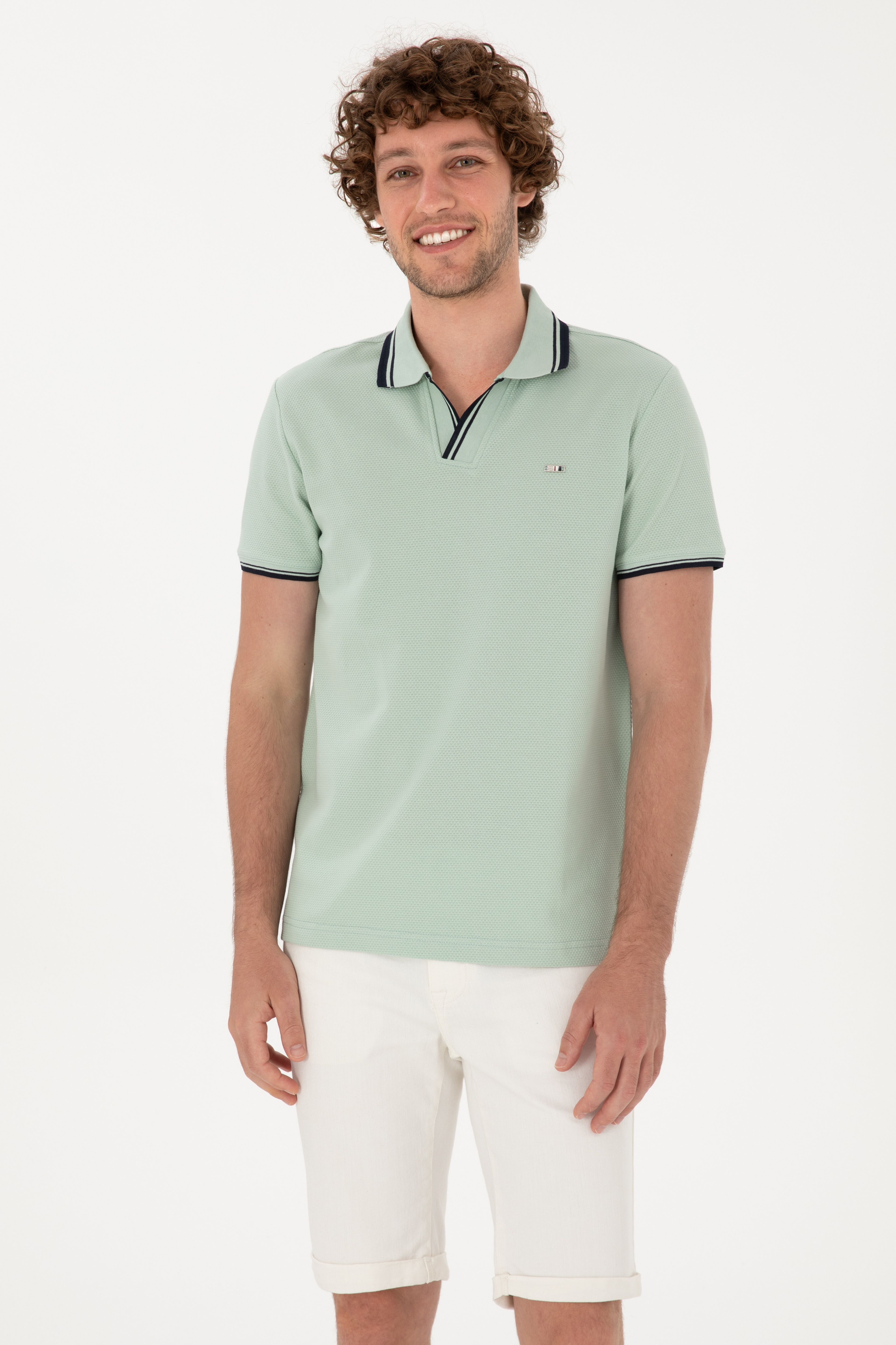 Erkek Slim Fit Kaçık Yaka Su Yeşili Tişört