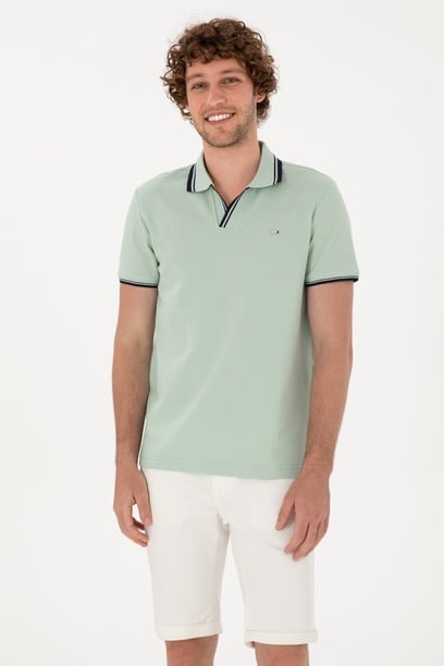Erkek Slim Fit Kaçık Yaka Su Yeşili Tişört