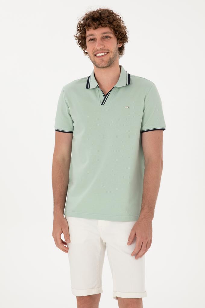 Erkek Slim Fit Kaçık Yaka Su Yeşili Tişört