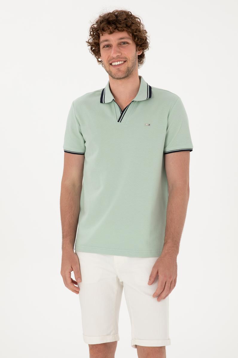Erkek Slim Fit Kaçık Yaka Su Yeşili Tişört