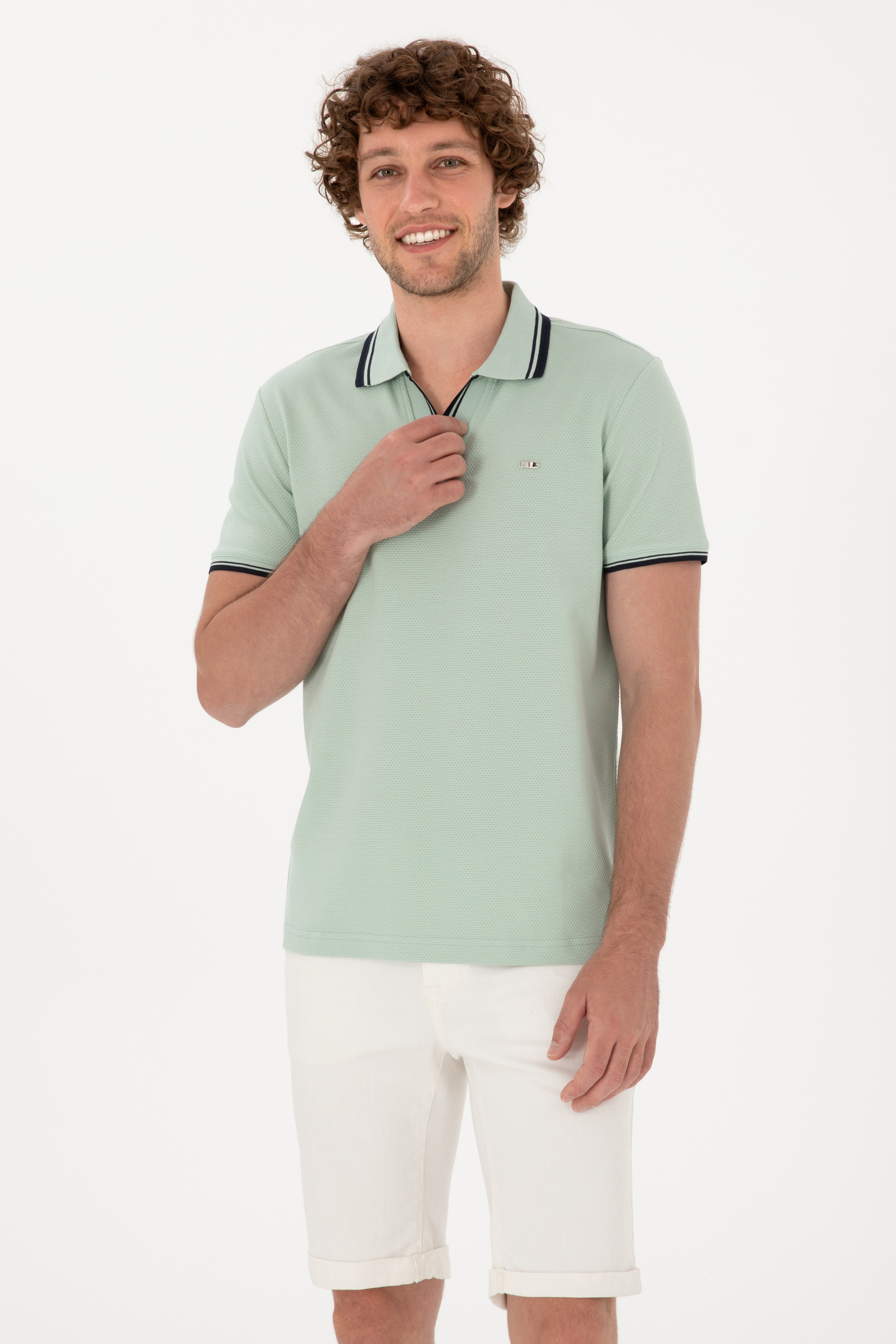Erkek Slim Fit Kaçık Yaka Su Yeşili Tişört - Image 3