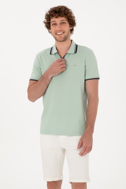 Erkek Slim Fit Kaçık Yaka Su Yeşili Tişört