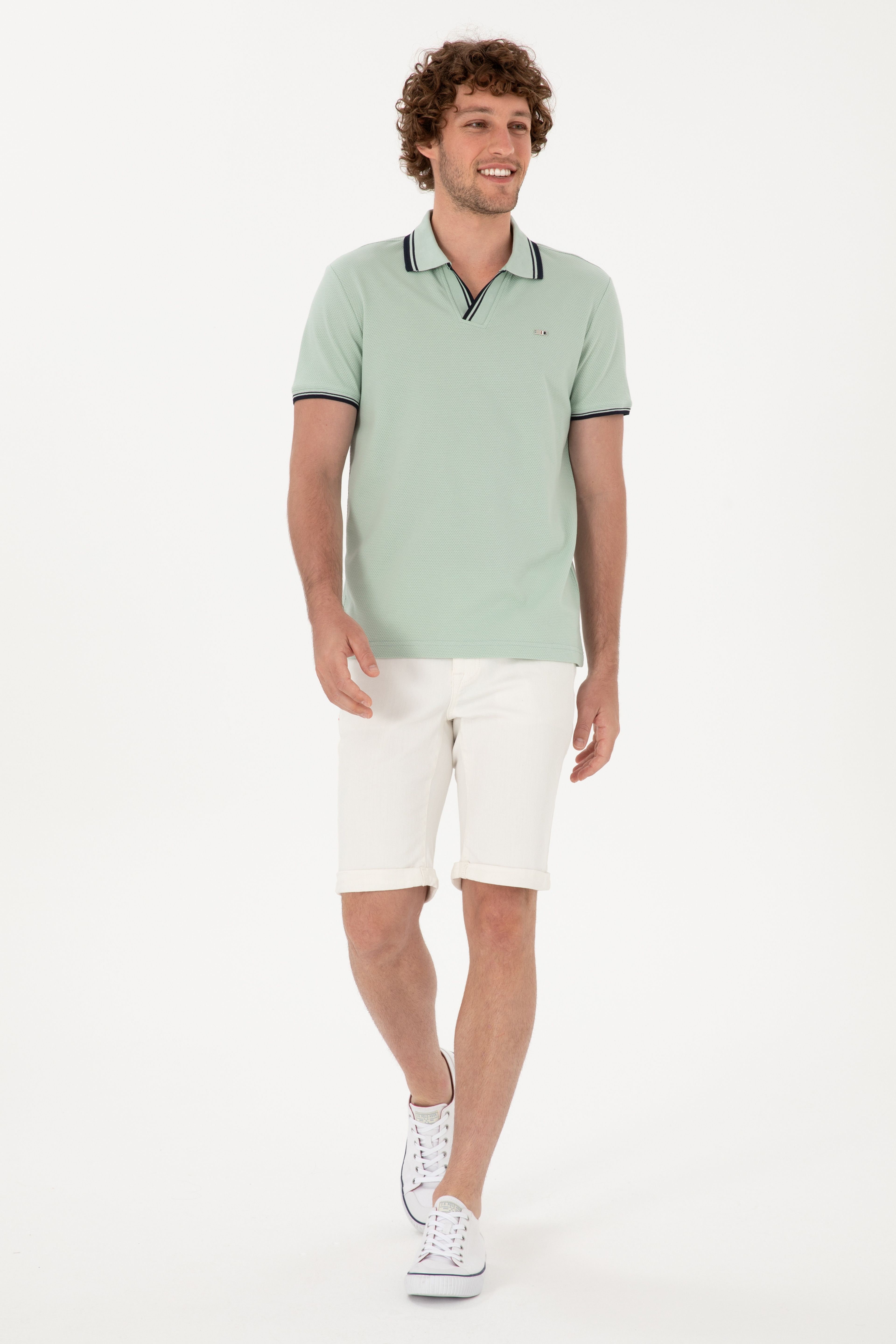 Erkek Slim Fit Kaçık Yaka Su Yeşili Tişört - Image 4