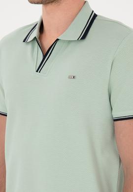 Erkek Slim Fit Kaçık Yaka Su Yeşili Tişört - 50306872027
