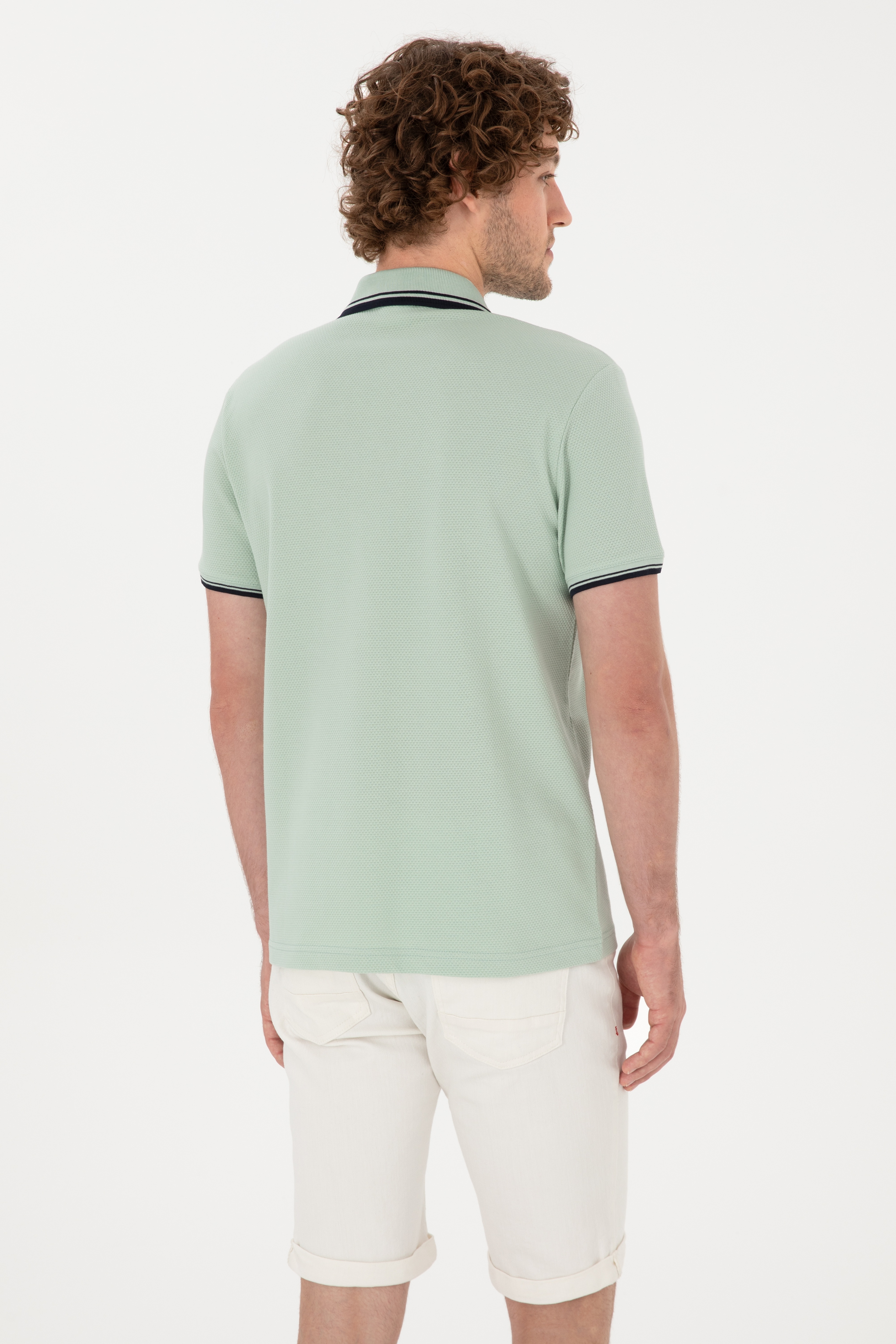 Erkek Slim Fit Kaçık Yaka Su Yeşili Tişört - Image 5