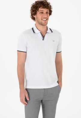 Erkek Slim Fit Kaçık Yaka Beyaz Tişört - 50306872017