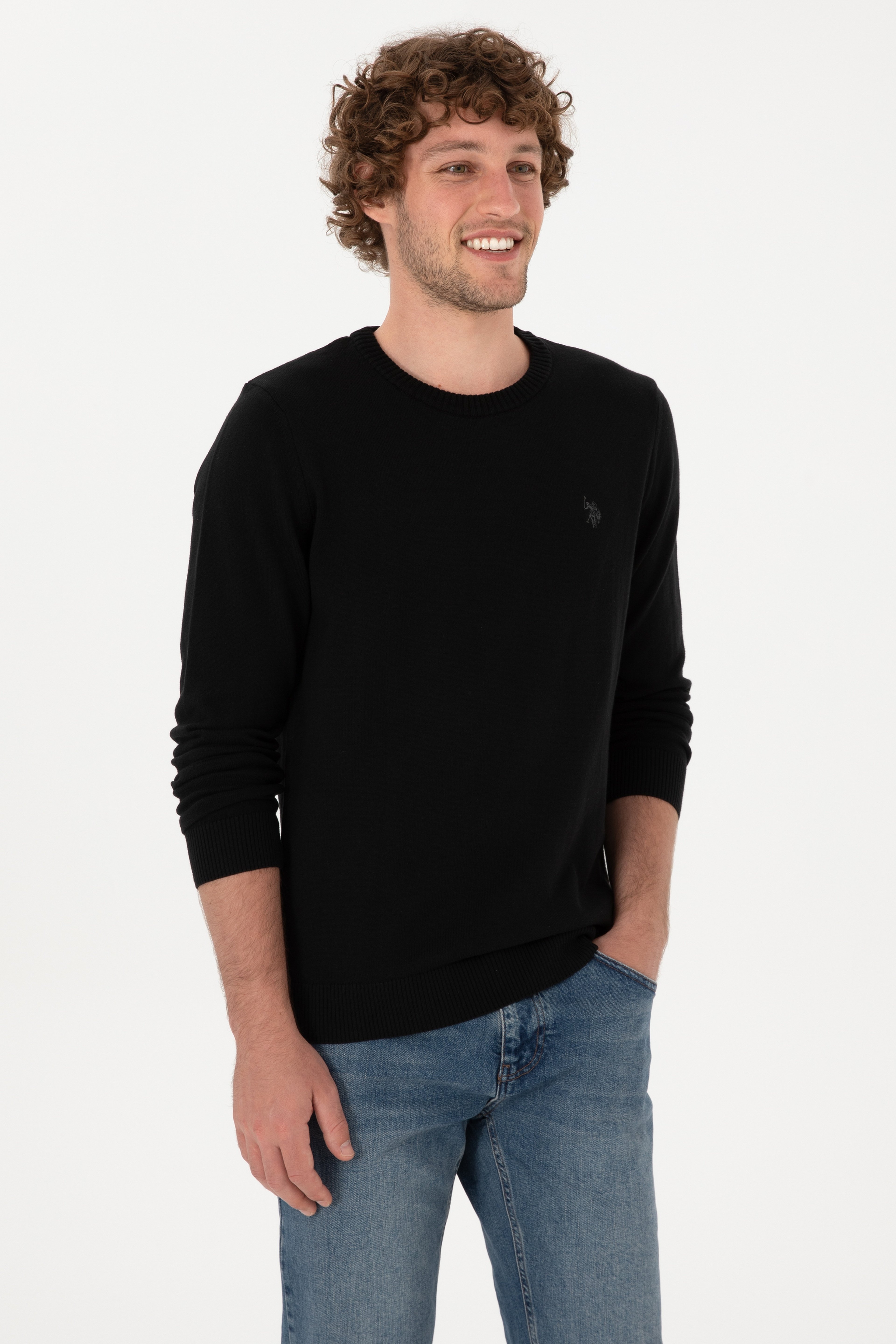 Erkek Slim Fit Bisiklet Yaka Siyah Basic Kazak - Image 3