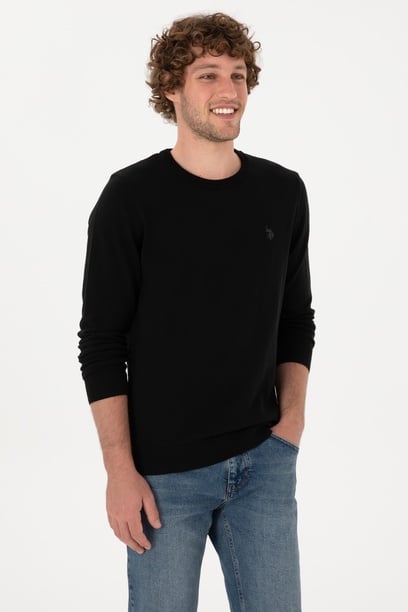 Erkek Slim Fit Bisiklet Yaka Siyah Basic Kazak