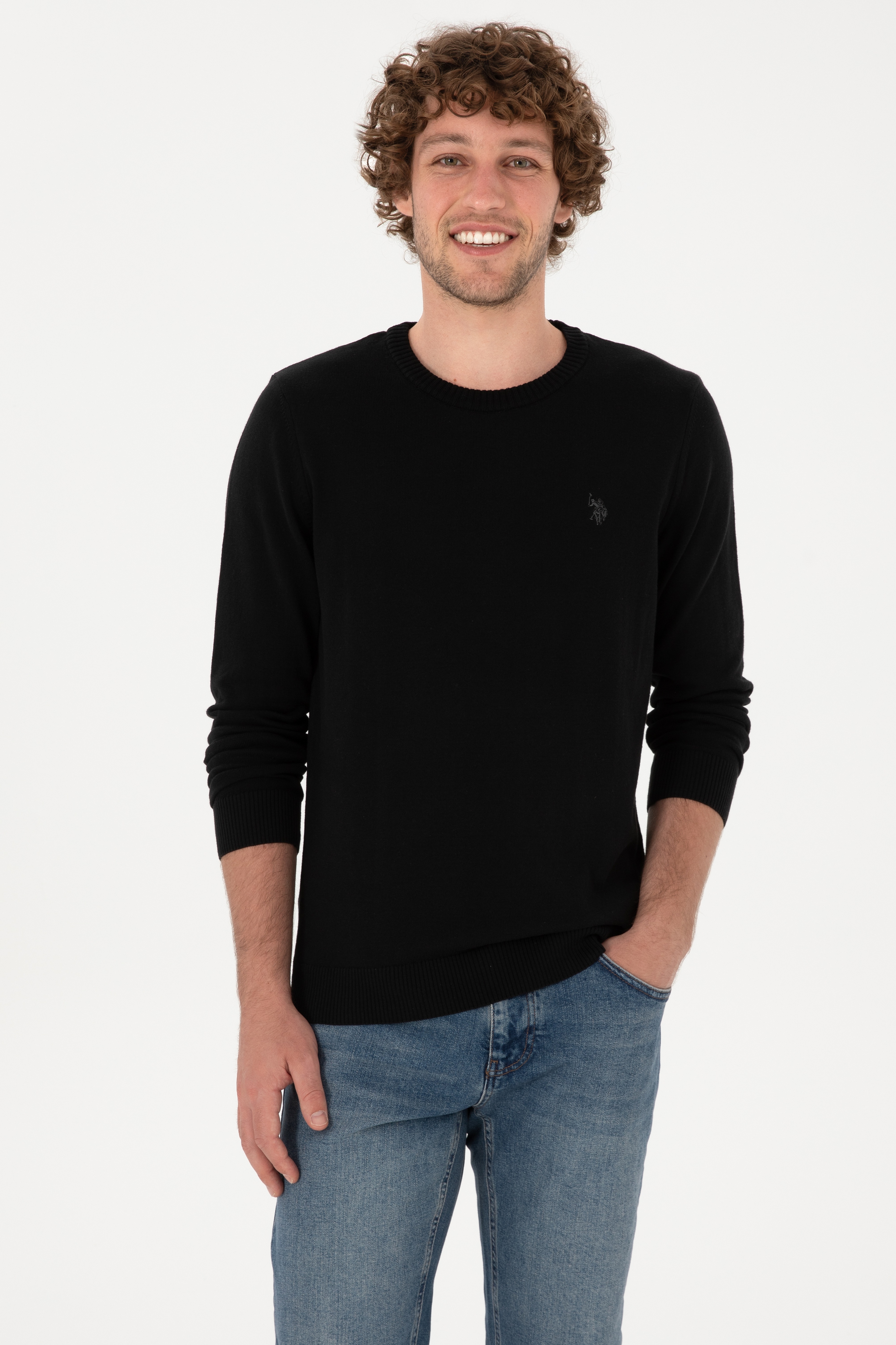 Erkek Slim Fit Bisiklet Yaka Siyah Basic Kazak - Image 1