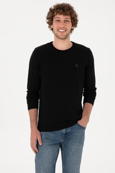 Erkek Slim Fit Bisiklet Yaka Siyah Basic Kazak