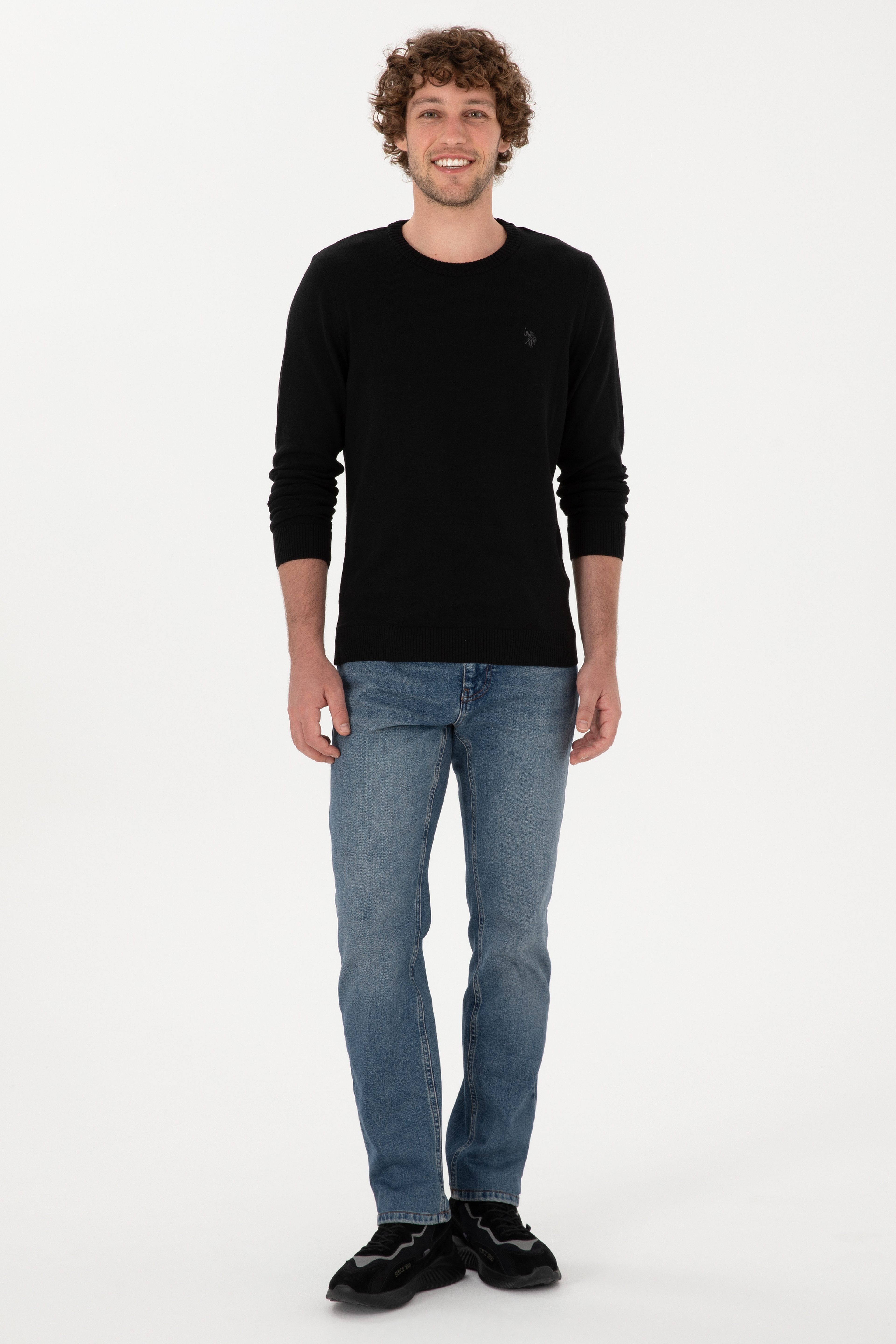 Erkek Slim Fit Bisiklet Yaka Siyah Basic Kazak