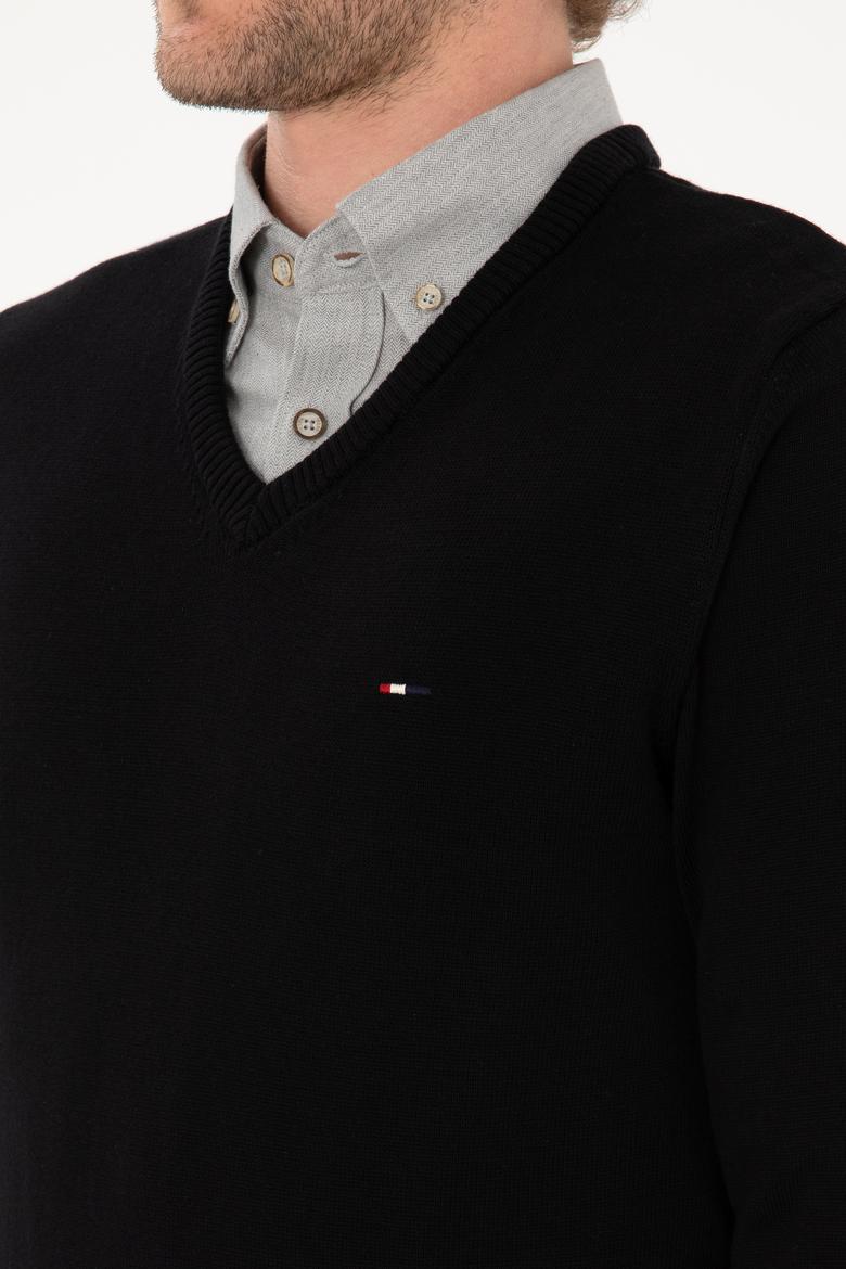 Erkek Slim Fit V Yaka Siyah Basic Kazak - 50313668029