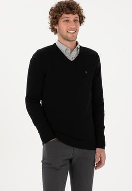 Erkek Slim Fit V Yaka Siyah Basic Kazak - 50313668029