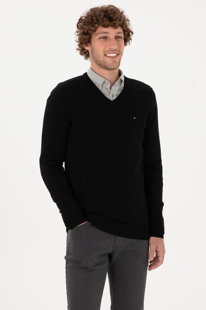 Erkek Slim Fit V Yaka Siyah Basic Kazak