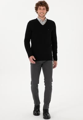 Erkek Slim Fit V Yaka Siyah Basic Kazak - 50313668029
