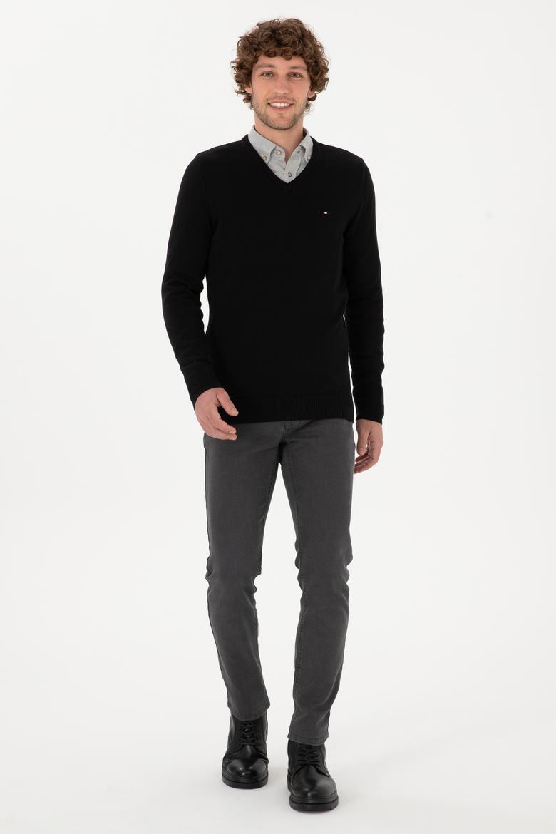 Erkek Slim Fit V Yaka Siyah Basic Kazak - 50313668029