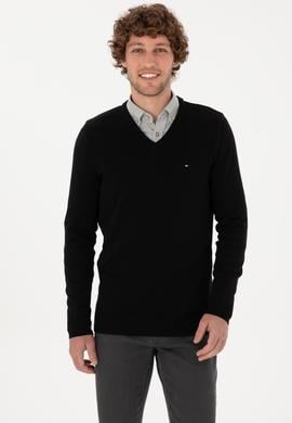 Erkek Slim Fit V Yaka Siyah Basic Kazak - 50313668029