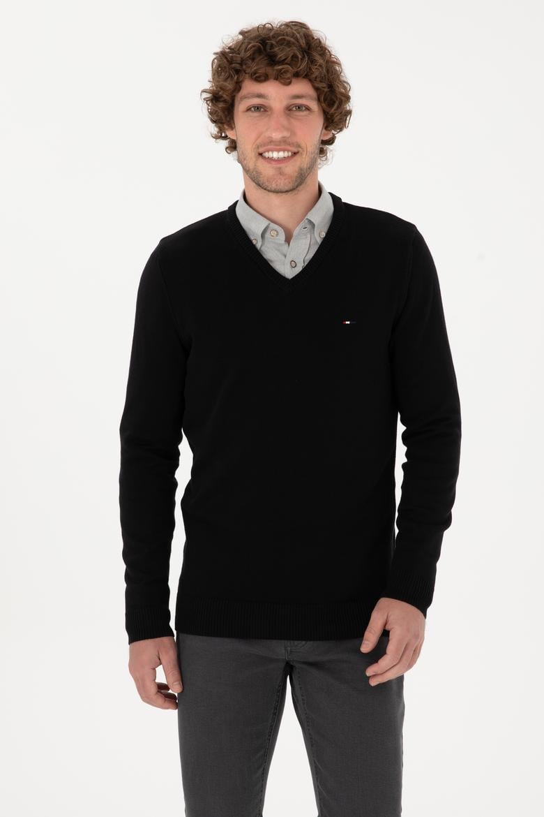 Erkek Slim Fit V Yaka Siyah Basic Kazak