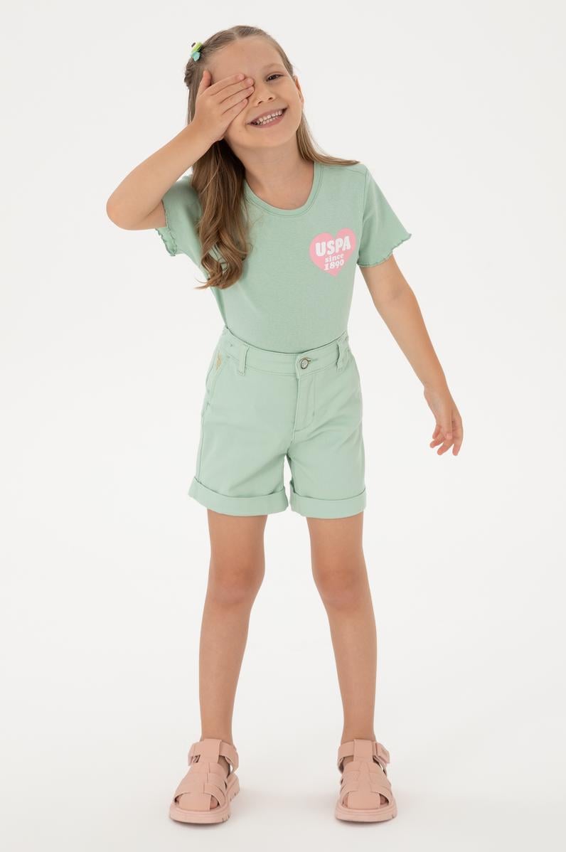 Kız Çocuk Su Yeşili Cepli Dokuma Şort
