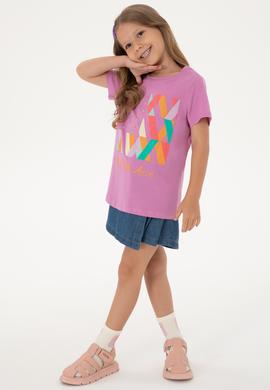 Kız Çocuk Fuşya Bisiklet Yaka Pamuk Renkli Simli Baskılı Tişört - 50306241016