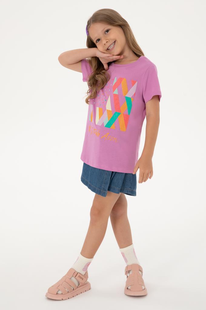 Kız Çocuk Fuşya Bisiklet Yaka Pamuk Renkli Simli Baskılı Tişört