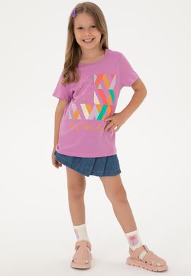 Kız Çocuk Fuşya Bisiklet Yaka Pamuk Renkli Simli Baskılı Tişört - 50306241016
