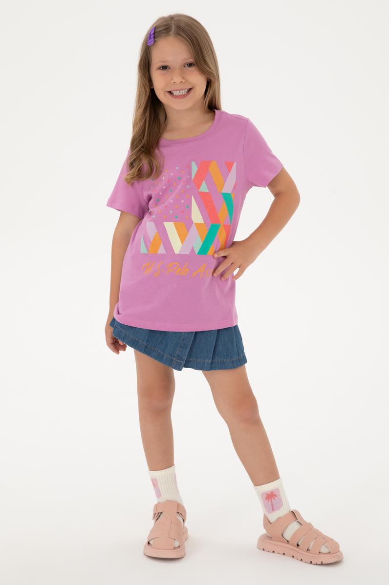 Kız Çocuk Fuşya Bisiklet Yaka Pamuk Renkli Simli Baskılı Tişört