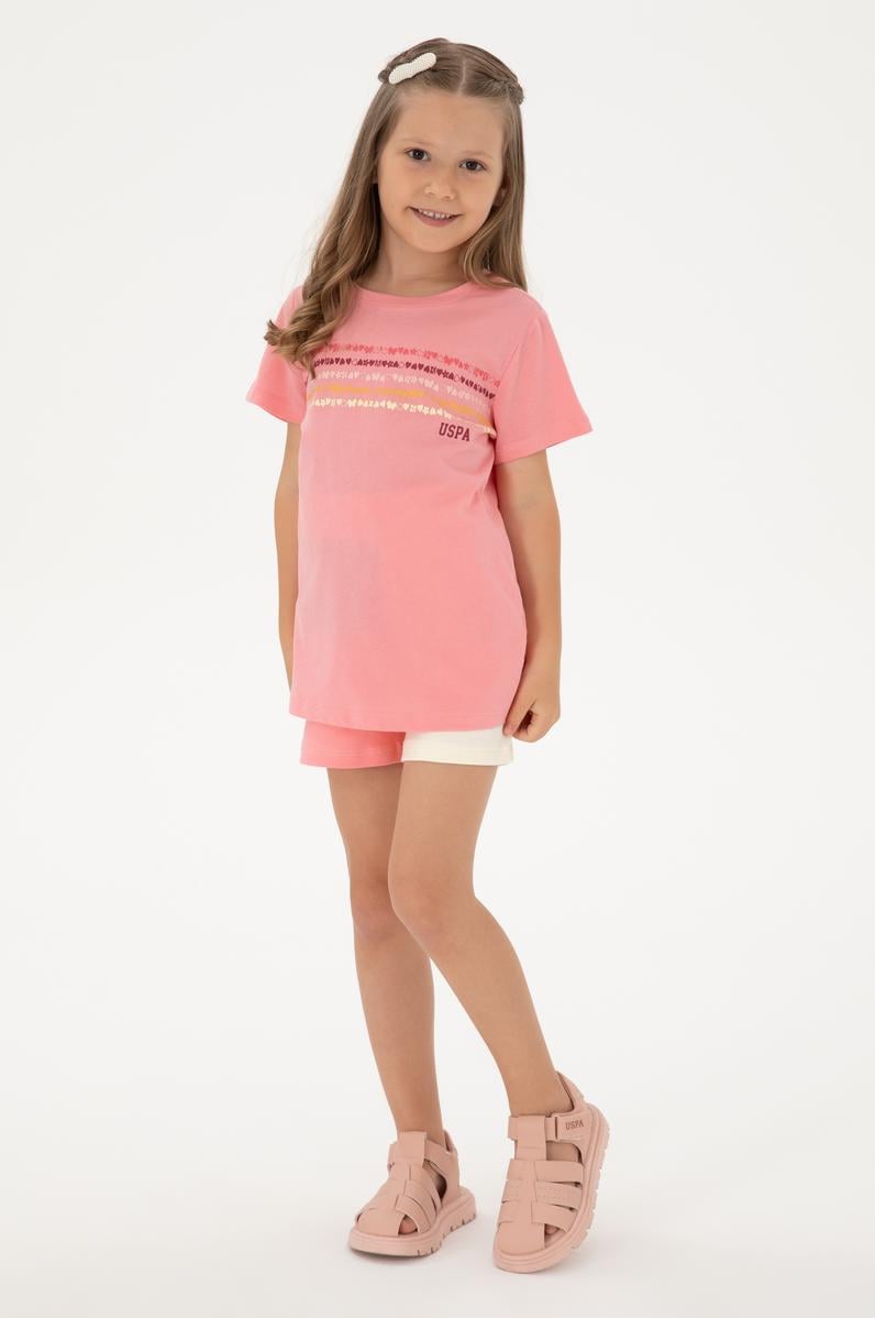 Kız Çocuk Pembe Bisiklet Yaka Pamuk Renkli Baskılı Tişört