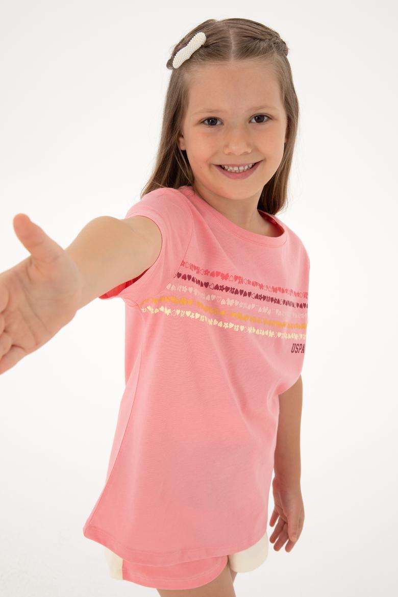 Kız Çocuk Pembe Bisiklet Yaka Pamuk Renkli Baskılı Tişört