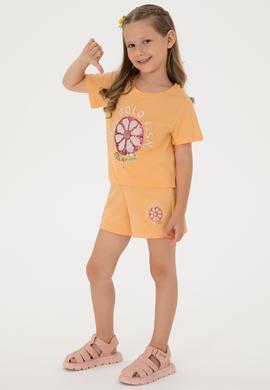 Kız Çocuk Turuncu Payetli Çiçek İşlemeli Örme Şort - 50301011020