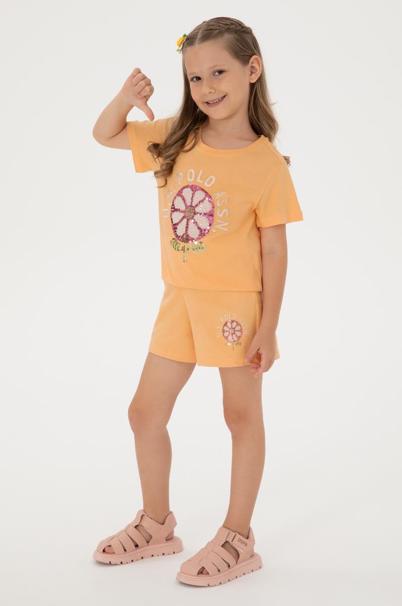 Kız Çocuk Turuncu Payetli Çiçek İşlemeli Örme Şort