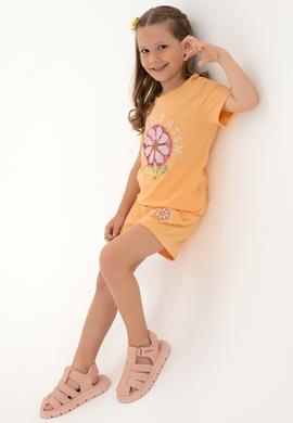 Kız Çocuk Turuncu Payetli Çiçek İşlemeli Örme Şort - 50301011020