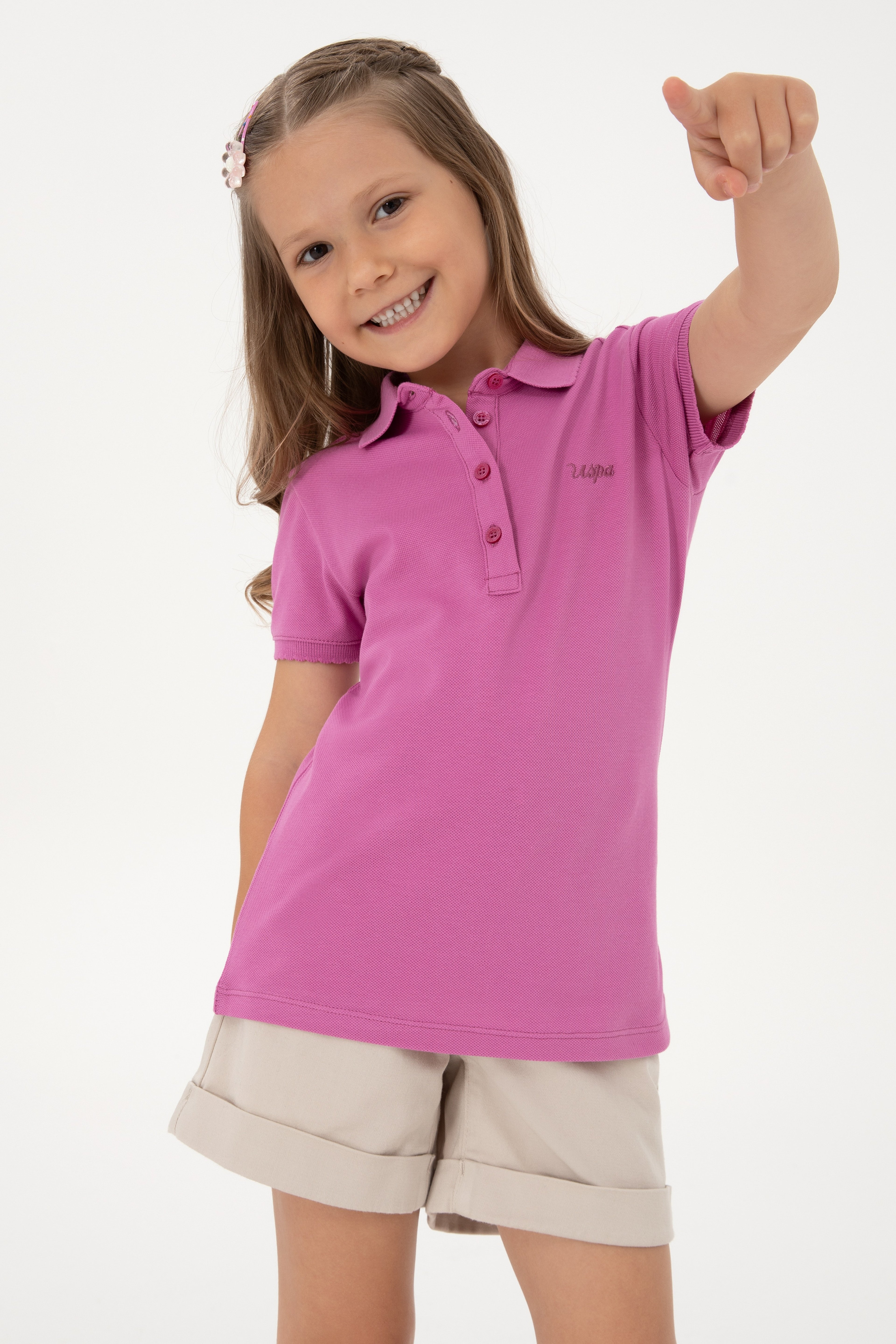 Kız Çocuk Fuşya Polo Yaka Basic Tişört - Image 1