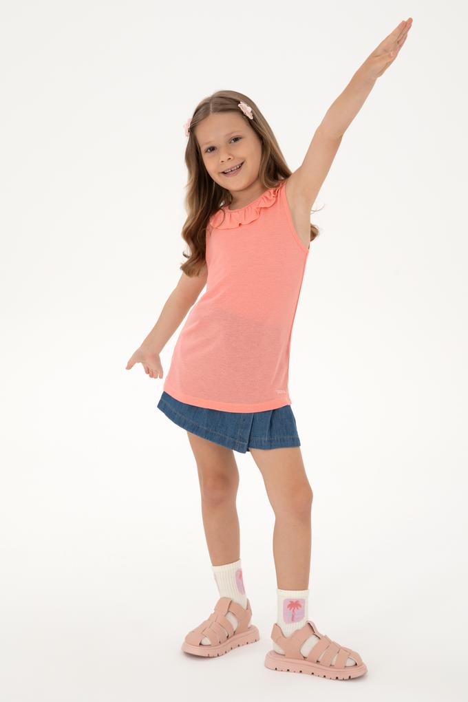 Kız Çocuk Pembe Bisiklet Yaka Fırfır Detaylı Kolsuz Tişört
