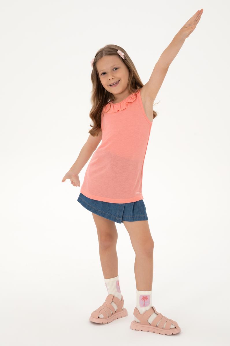 Kız Çocuk Pembe Bisiklet Yaka Fırfır Detaylı Kolsuz Tişört