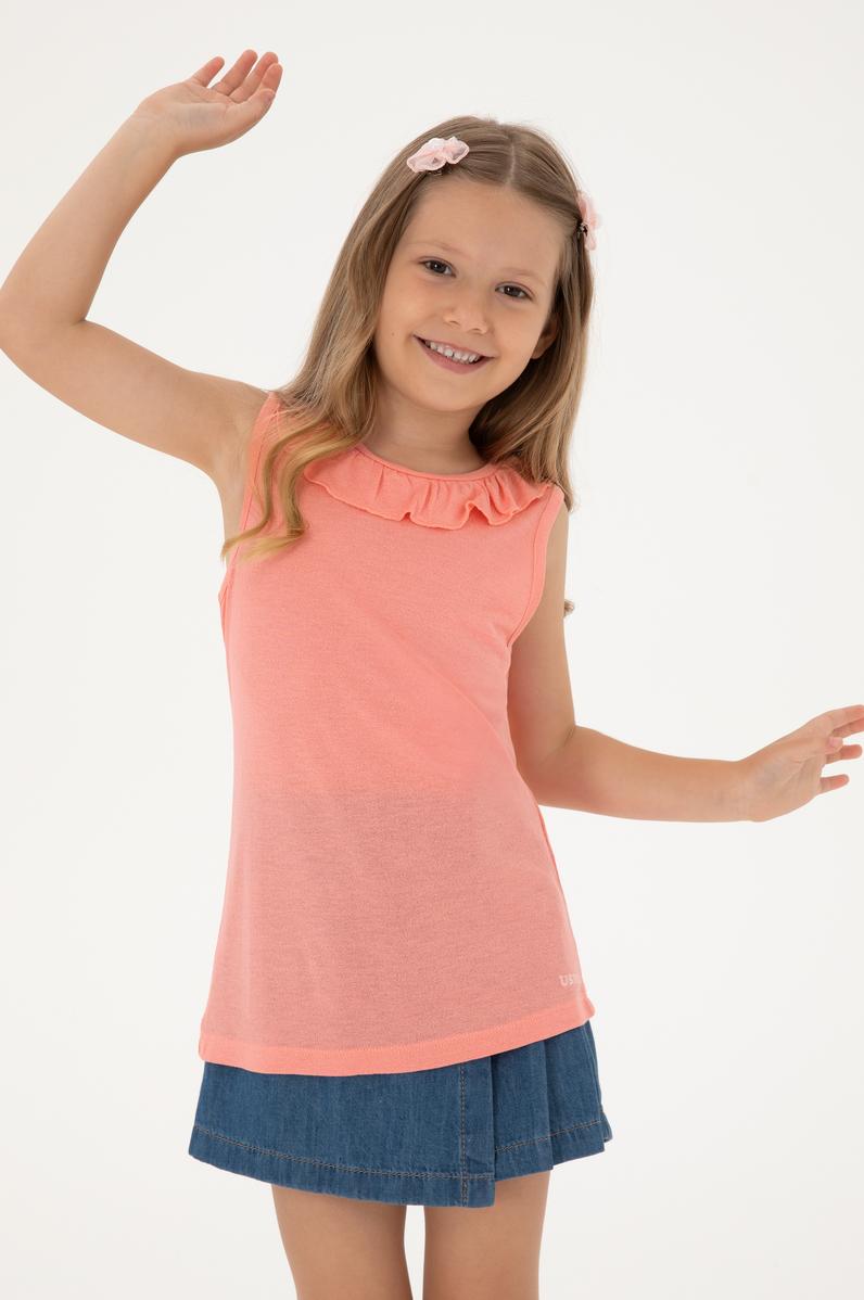 Kız Çocuk Pembe Bisiklet Yaka Fırfır Detaylı Kolsuz Tişört