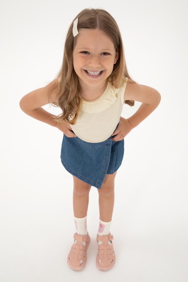 Kız Çocuk Krem Bisiklet Yaka Fırfır Detaylı Kolsuz Tişört - 50306242051