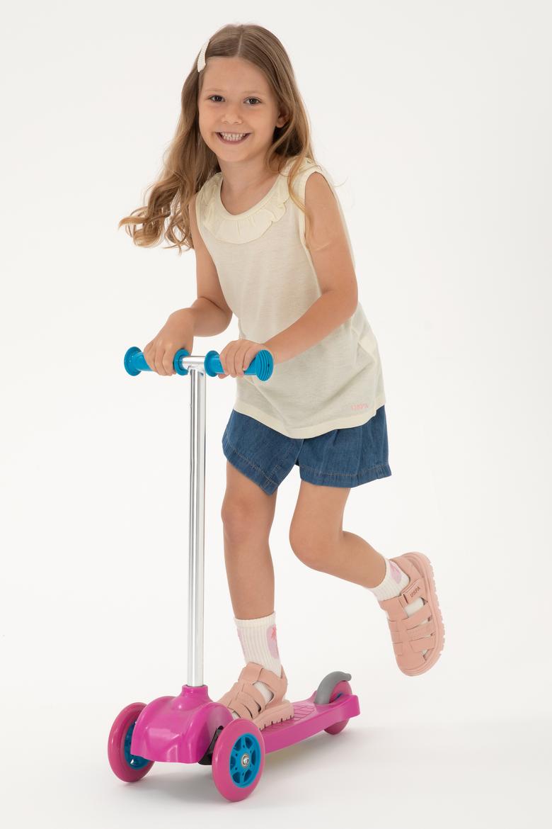 Kız Çocuk Krem Bisiklet Yaka Fırfır Detaylı Kolsuz Tişört