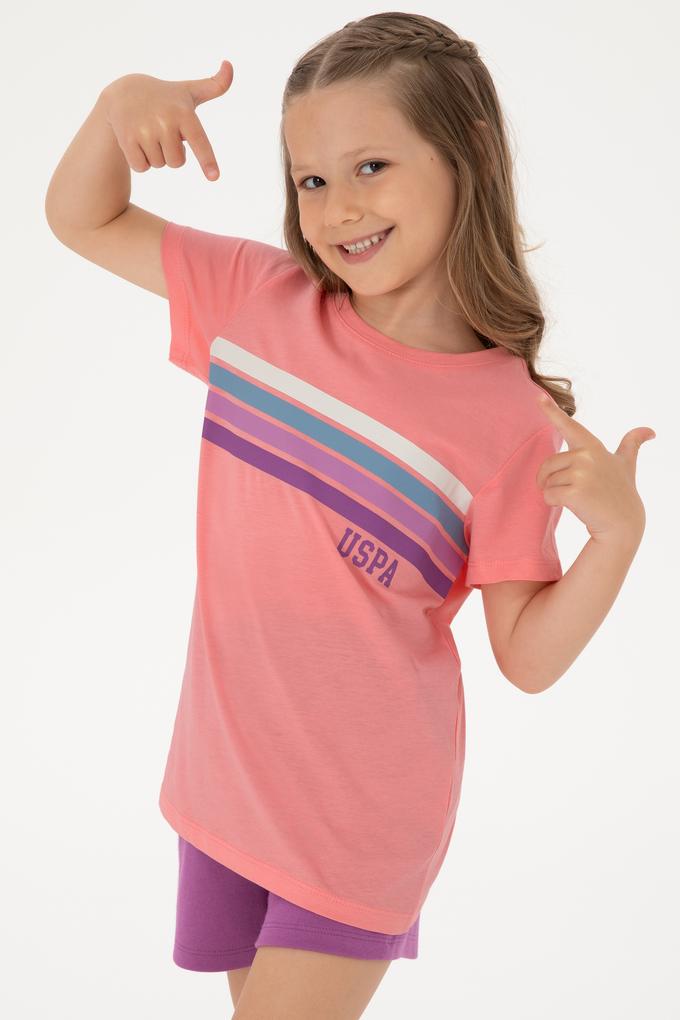 Kız Çocuk Pembe Bisiklet Yaka Renkli Çizgi Baskılı Pamuk Tişört