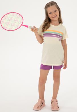 Kız Çocuk Krem Bisiklet Yaka Renkli Çizgi Baskılı Pamuk Tişört - 50306253012