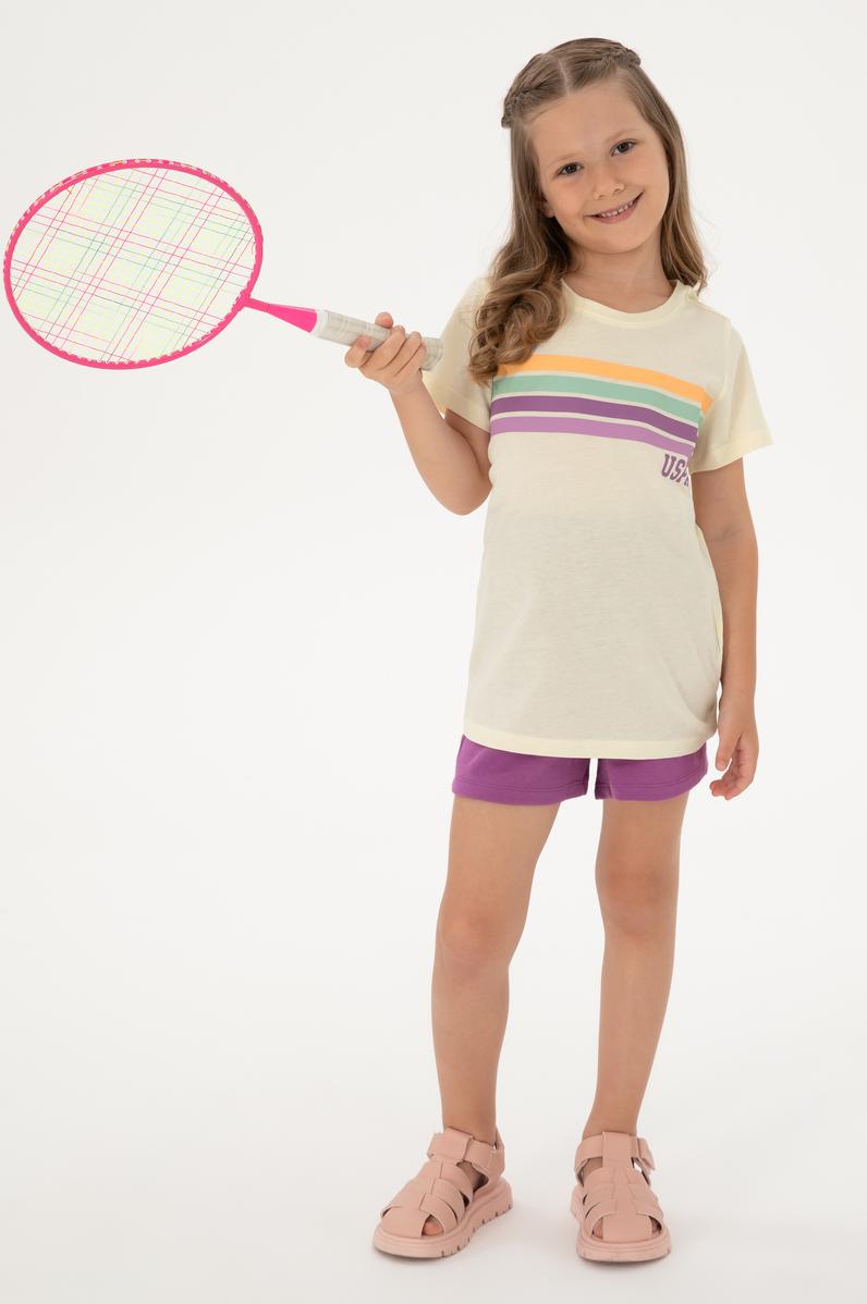 Kız Çocuk Krem Bisiklet Yaka Renkli Çizgi Baskılı Pamuk Tişört