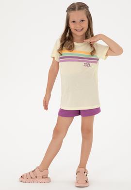 Kız Çocuk Krem Bisiklet Yaka Renkli Çizgi Baskılı Pamuk Tişört - 50306253012