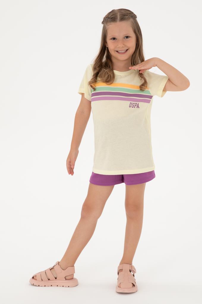 Kız Çocuk Krem Bisiklet Yaka Renkli Çizgi Baskılı Pamuk Tişört