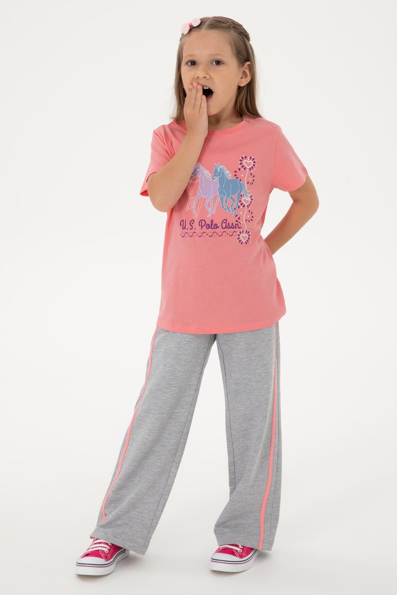 Kız Çocuk Pembe Bisiklet Yaka At Baskılı Pamuk Tişört