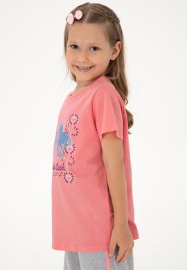 Kız Çocuk Pembe Bisiklet Yaka At Baskılı Pamuk Tişört - 50306200015