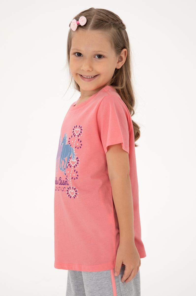Kız Çocuk Pembe Bisiklet Yaka At Baskılı Pamuk Tişört