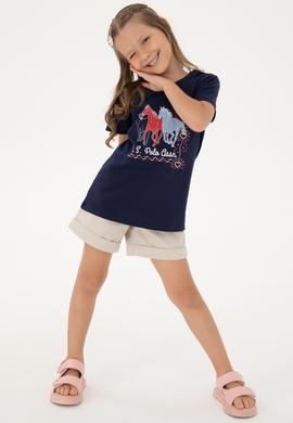 Kız Çocuk Siyah Bisiklet Yaka At Baskılı Pamuk Tişört - 50306200003